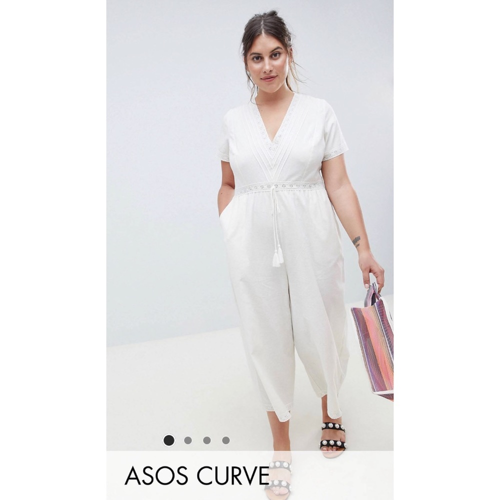 White cotton embroidered jumpsuit with tassel